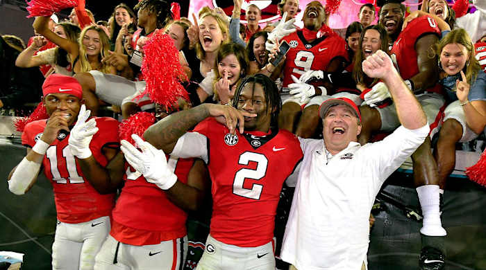 Georgia Bulldogs head coach Kirby Smart celebrates with his players and fans after their victory over Florida. The annual Georgia vs Florida football rivalry was held at TIAA Bank Field in Jacksonville, FL Saturday, October 29, 2022. The Bulldogs went in at halftime with a 28 to 3 lead over the Gators and won with a final score of 42 to 20.